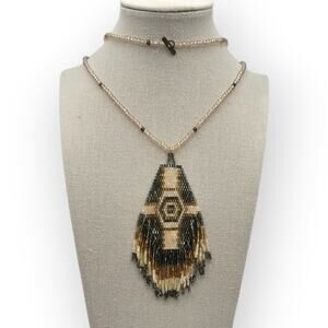 Brown Champagne Ivory Faceted Beaded Pendant Necklace Long – Elegant Boho Chic